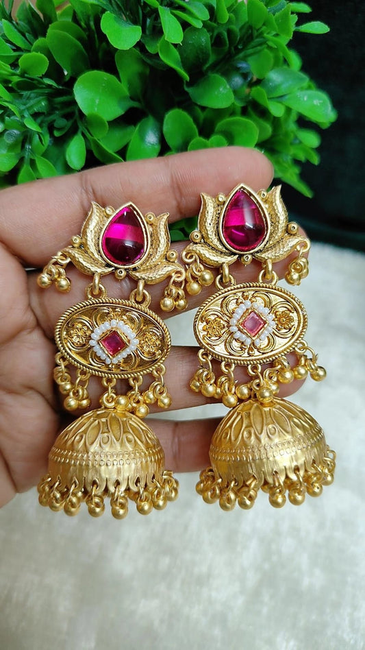Kashmiri Heritage Ruby Stone Jhumka Earrings