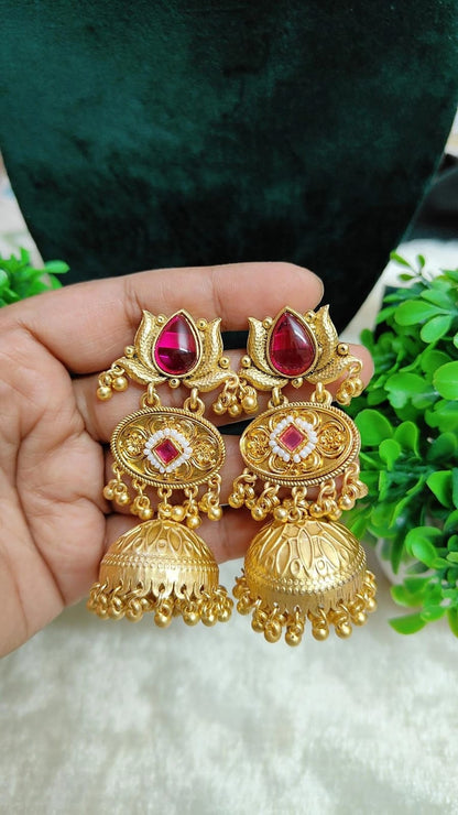 Kashmiri Heritage Ruby Stone Jhumka Earrings