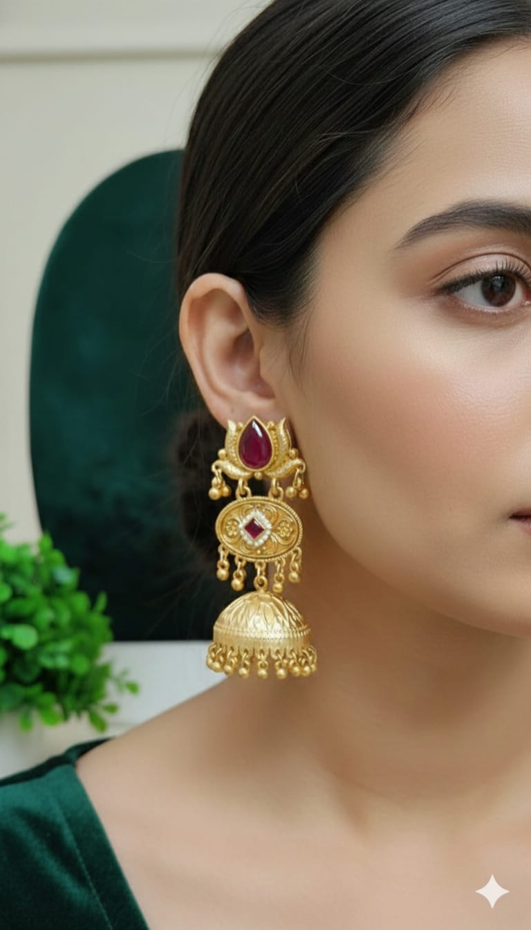 Kashmiri Heritage Ruby Stone Jhumka Earrings