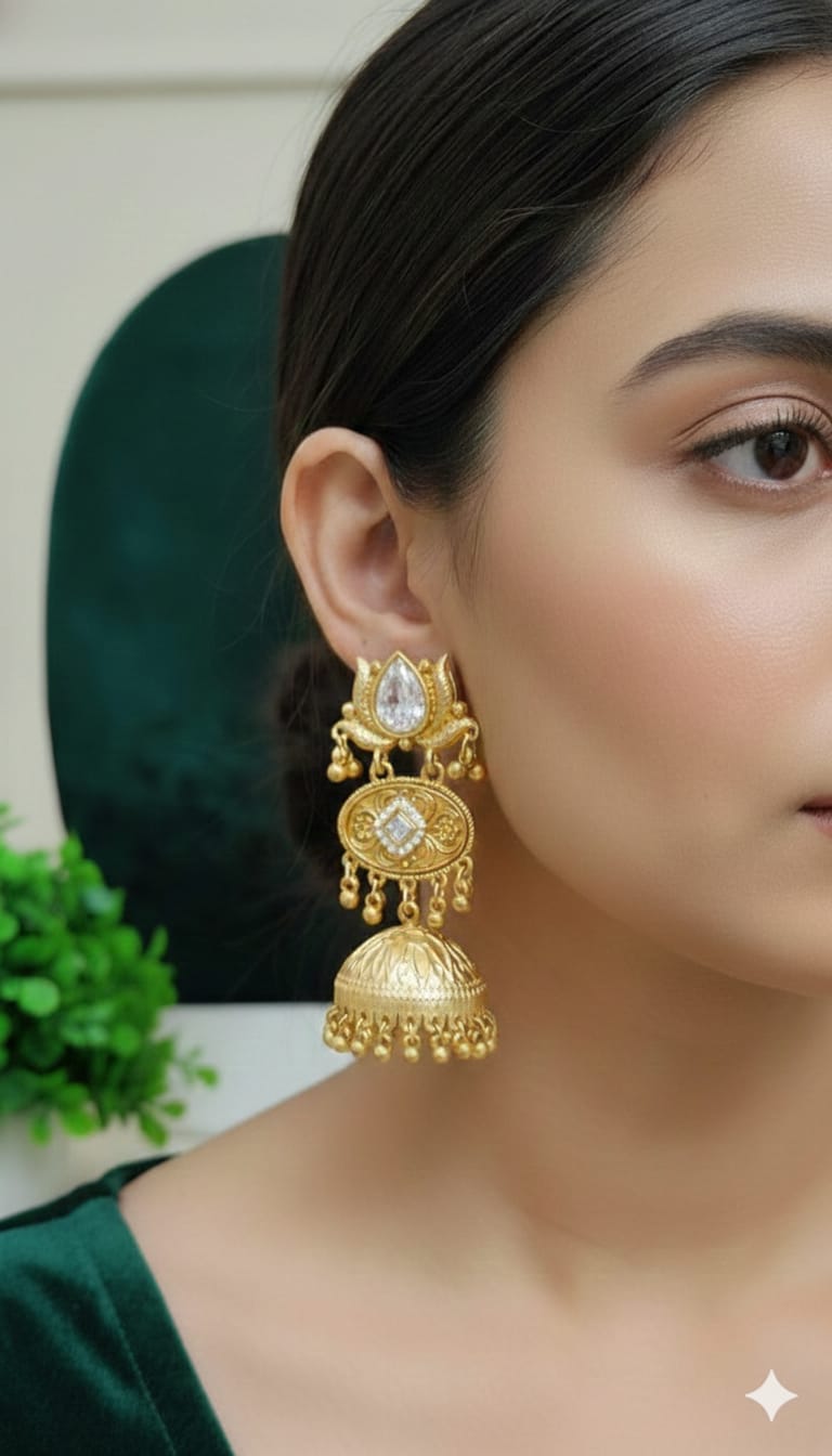 Kashmiri Heritage White Stone Jhumka Earrings