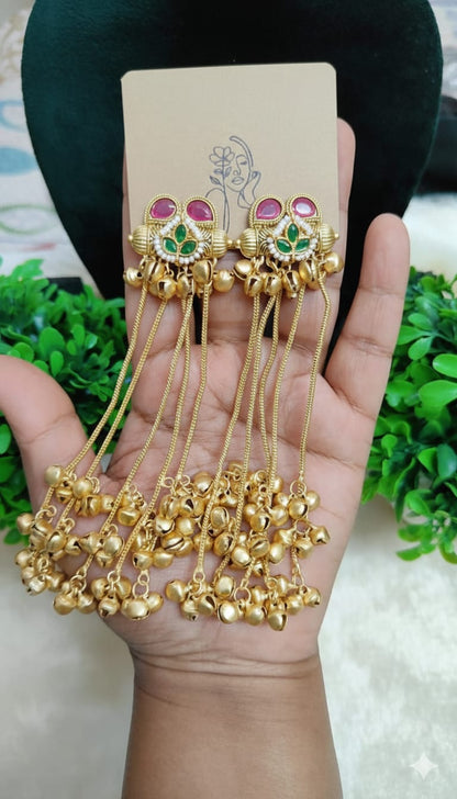 Kashmiri Long Jhumki Earrings with Pearl & Ghungroo Drops