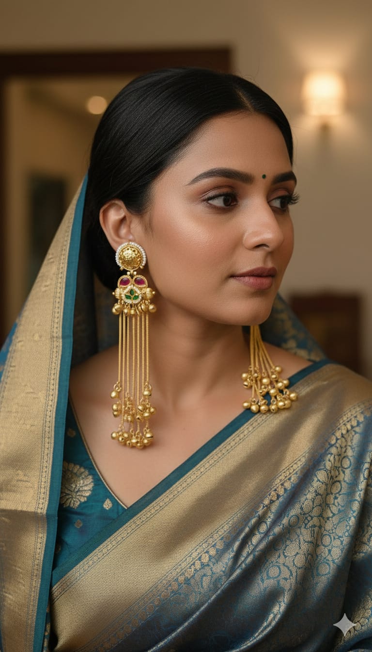 Kashmiri Long Jhumki Earrings with Pearl & Ghungroo Drops