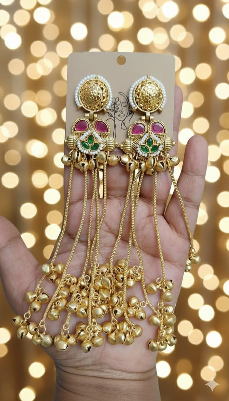 Kashmiri Long Jhumki Earrings with Pearl & Ghungroo Drops