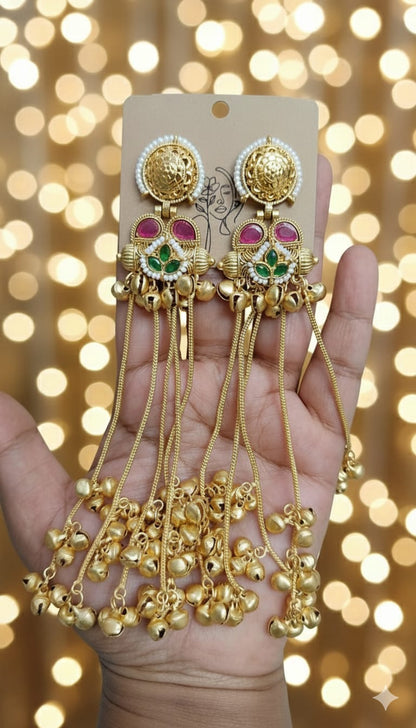Kashmiri Long Jhumki Earrings with Pearl & Ghungroo Drops