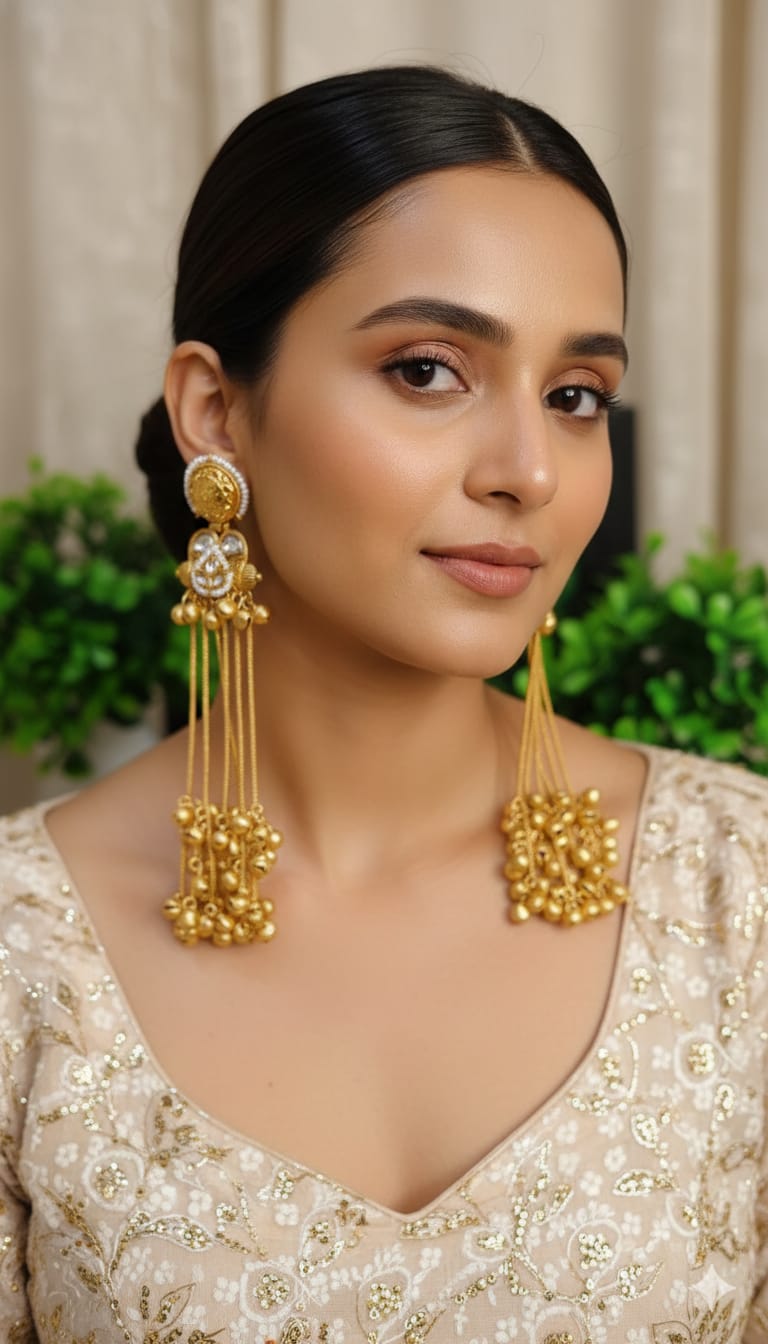 Kashmiri Long Pearl & Ghungroo Statement Earrings