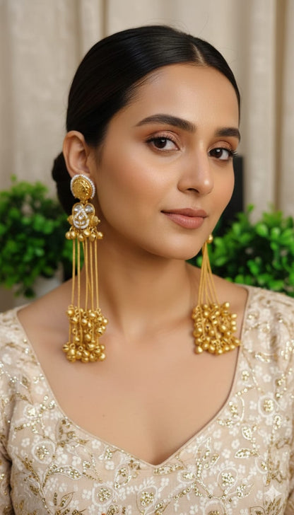 Kashmiri Long Pearl & Ghungroo Statement Earrings