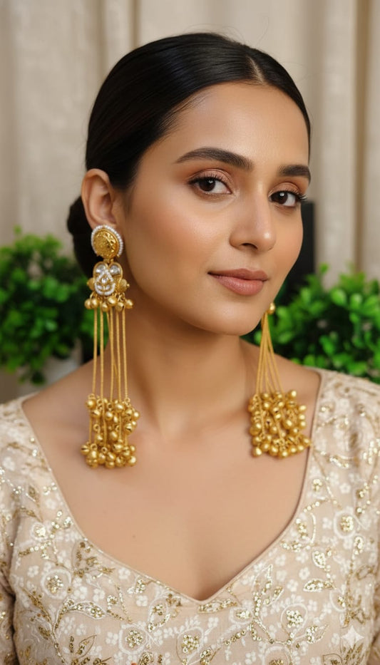 Kashmiri Long Pearl & Ghungroo Statement Earrings