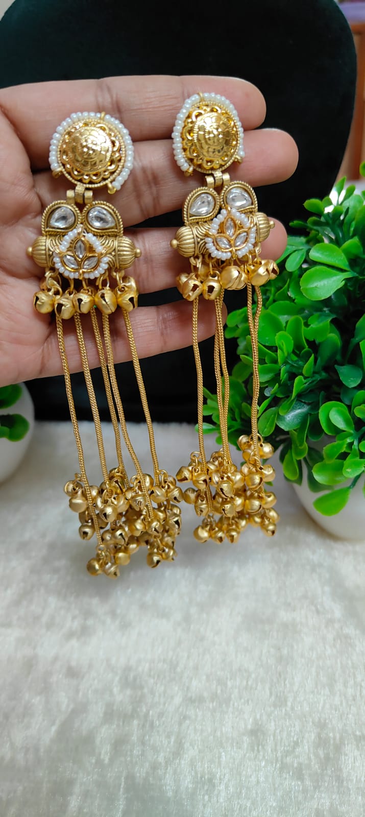 Kashmiri Long Pearl & Ghungroo Statement Earrings