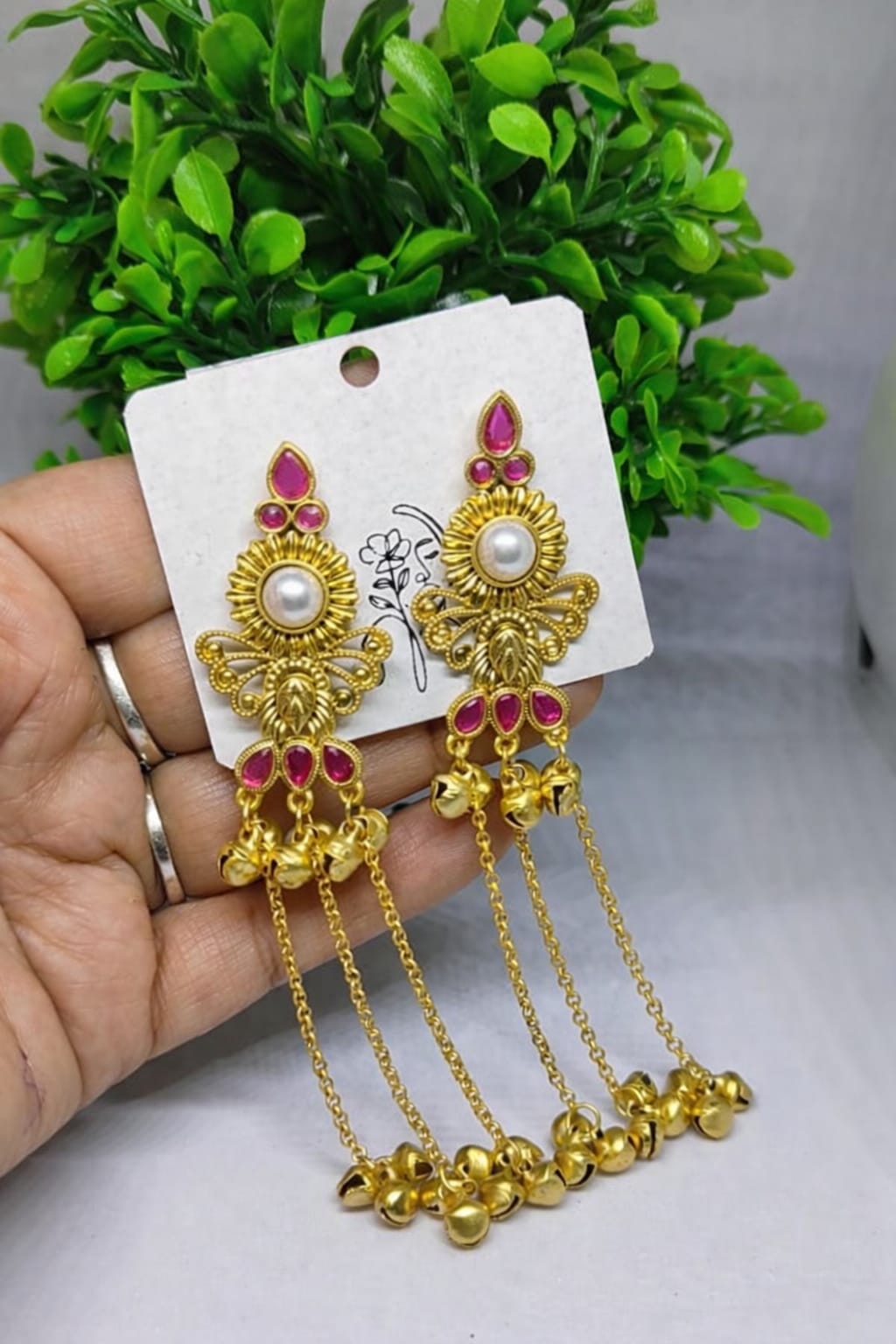 Kashmiri Mid-Length Pearl & Ghungroo Earrings