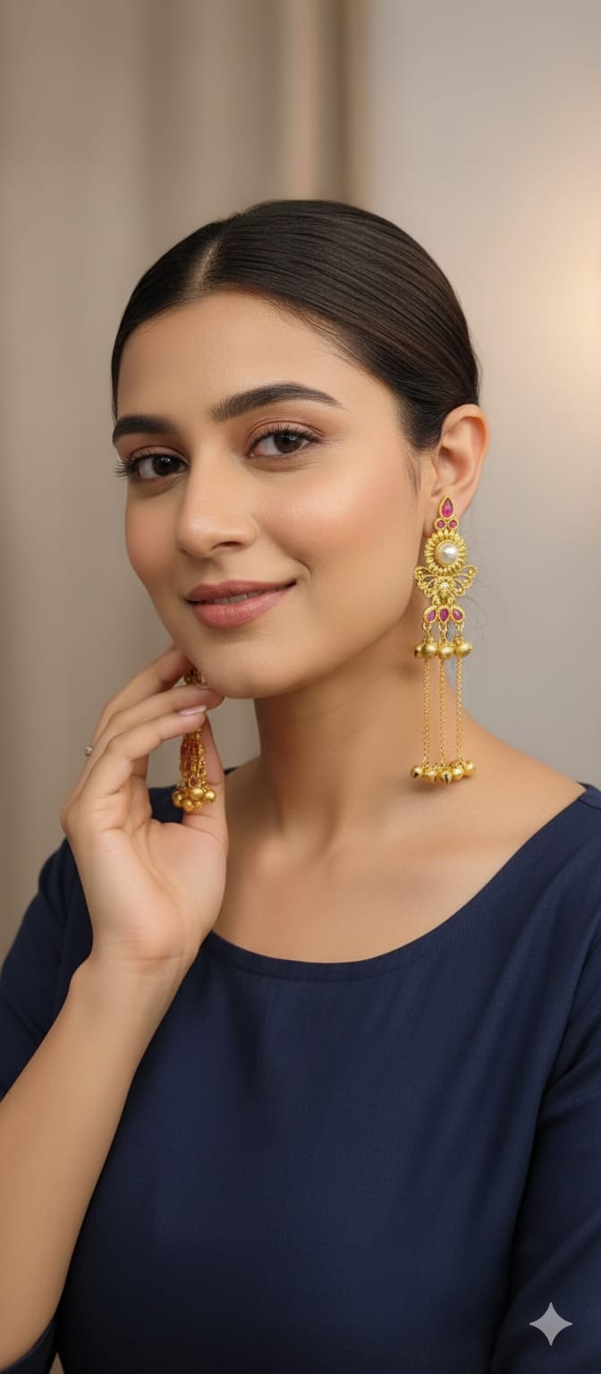 Kashmiri Mid-Length Pearl & Ghungroo Earrings