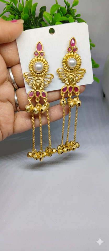 Kashmiri Mid-Length Pearl & Ghungroo Earrings