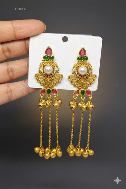 Kashmiri Mid-Length Pearl & Ghungroo Earrings