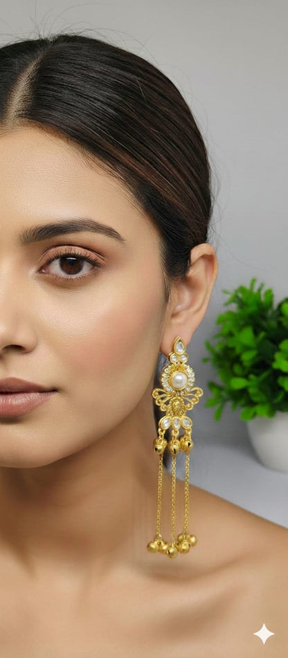 Kashmiri Mid-Length Pearl & Ghungroo Earrings