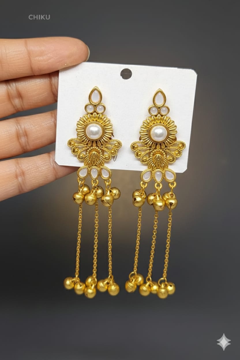 Kashmiri Mid-Length Pearl & Ghungroo Earrings