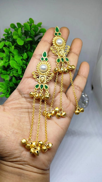 Kashmiri Mid-Length Pearl & Ghungroo Earrings