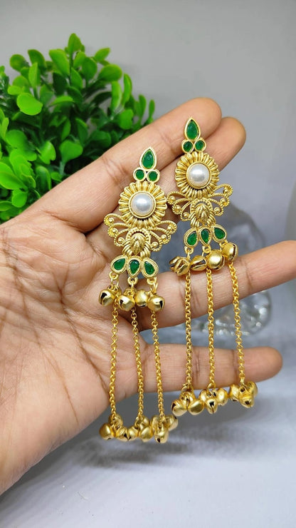 Kashmiri Mid-Length Pearl & Ghungroo Earrings