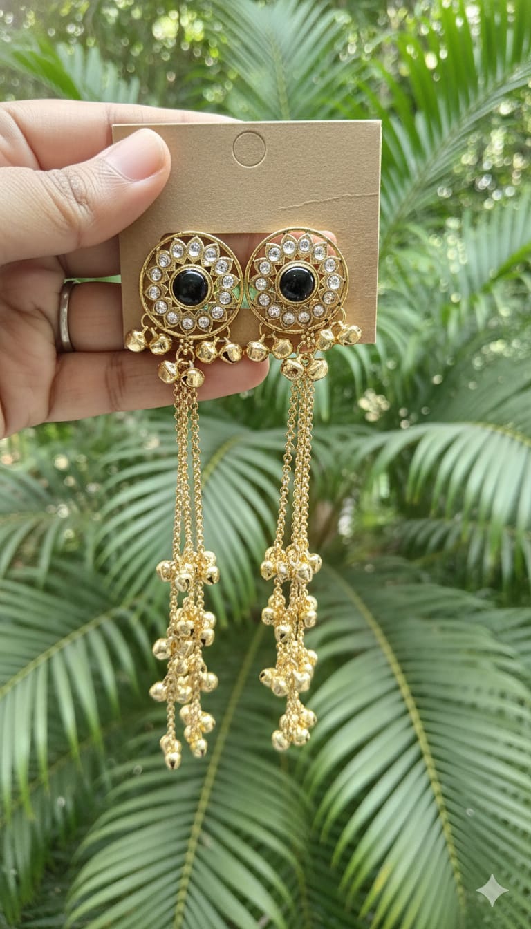 🖤 Onyx Kundan Chain Drop Earrings