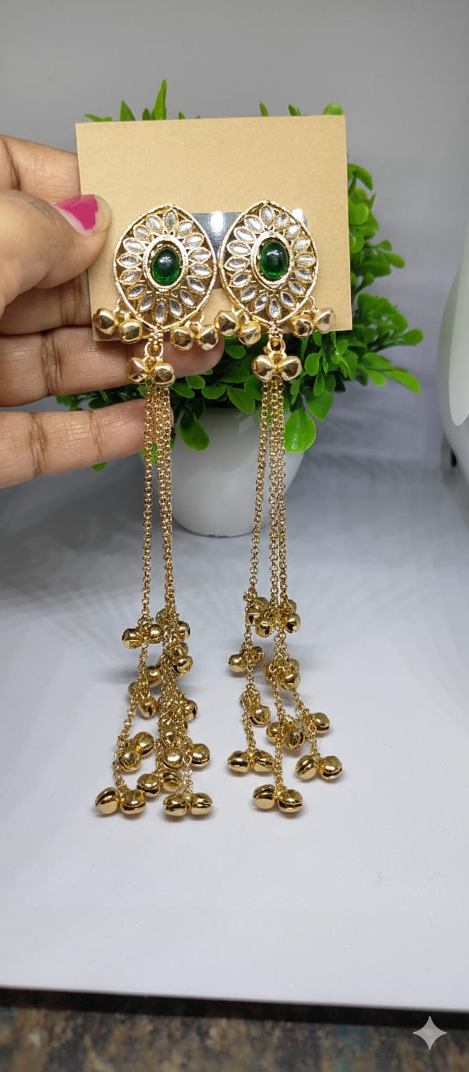 Emerald Kundan Long Chain Drop Earrings