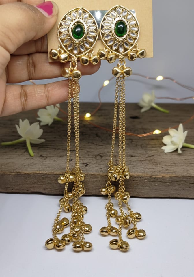 Emerald Kundan Long Chain Drop Earrings