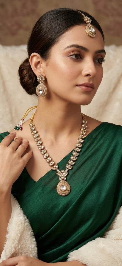 Royal Kundan Leaf Necklace Set with Matching Earrings & Maang Tika | Gold-Tone Bridal Jewellery