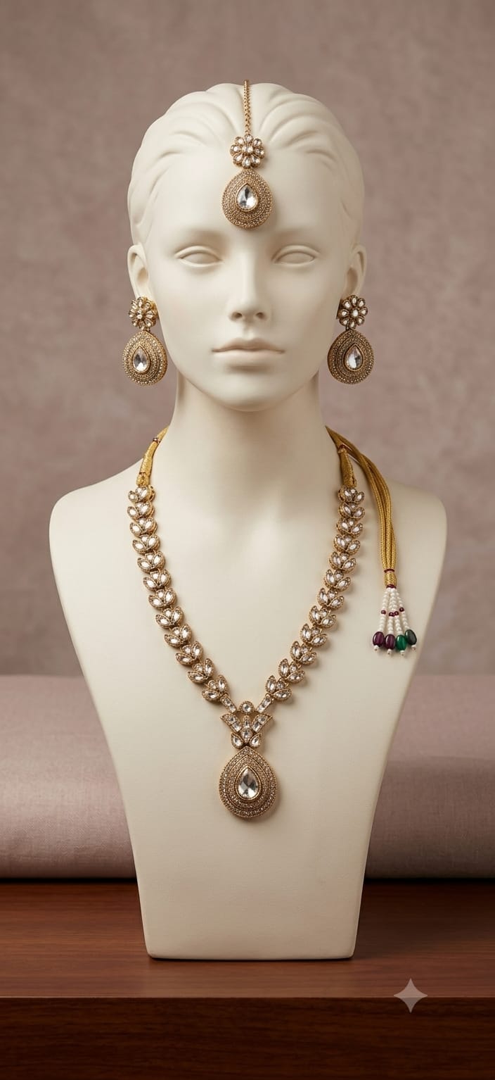 Royal Kundan Leaf Necklace Set with Matching Earrings & Maang Tika | Gold-Tone Bridal Jewellery