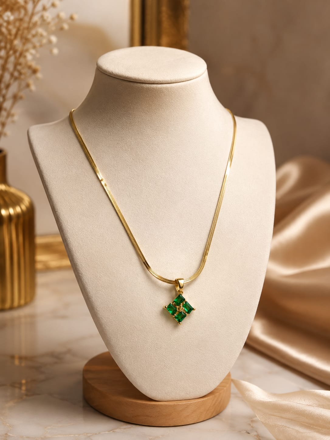 Emerald Charm Snake Chain Pendant Necklace – Gold Finish | Stainless Steel