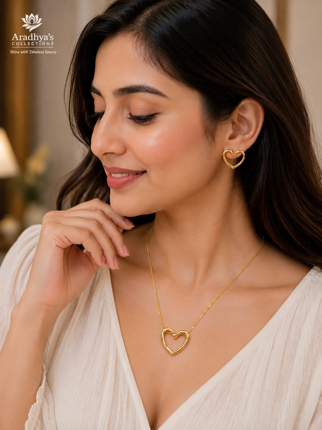 Elegant Open Heart Pendant Chain Set with Matching Earrings | Gold-Tone Minimal Jewellery Set