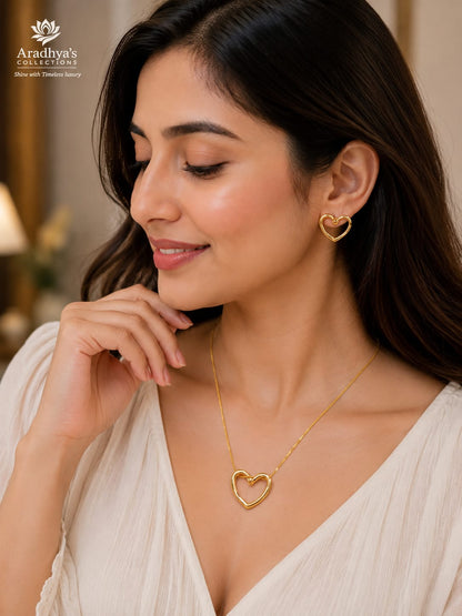Elegant Open Heart Pendant Chain Set with Matching Earrings | Gold-Tone Minimal Jewellery Set