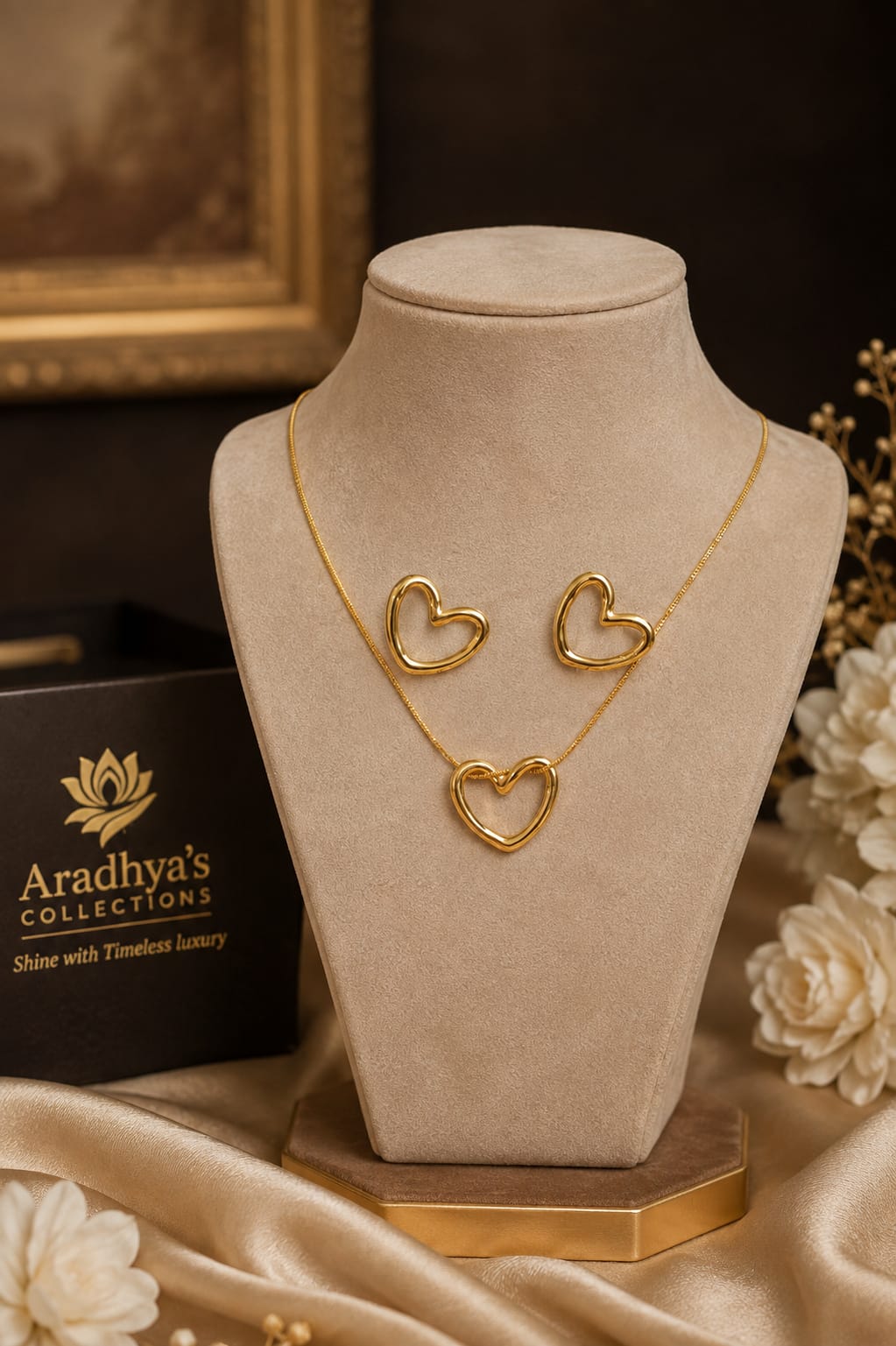Elegant Open Heart Pendant Chain Set with Matching Earrings | Gold-Tone Minimal Jewellery Set
