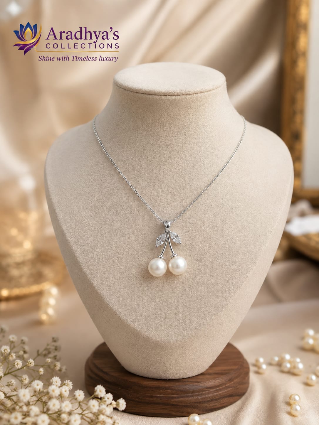 Cherry Pearl Pendant Necklace – Elegant Silver Minimal Necklace
