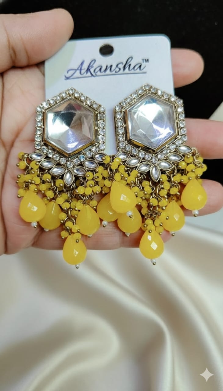 Wedding Earrings-Yellow kundan